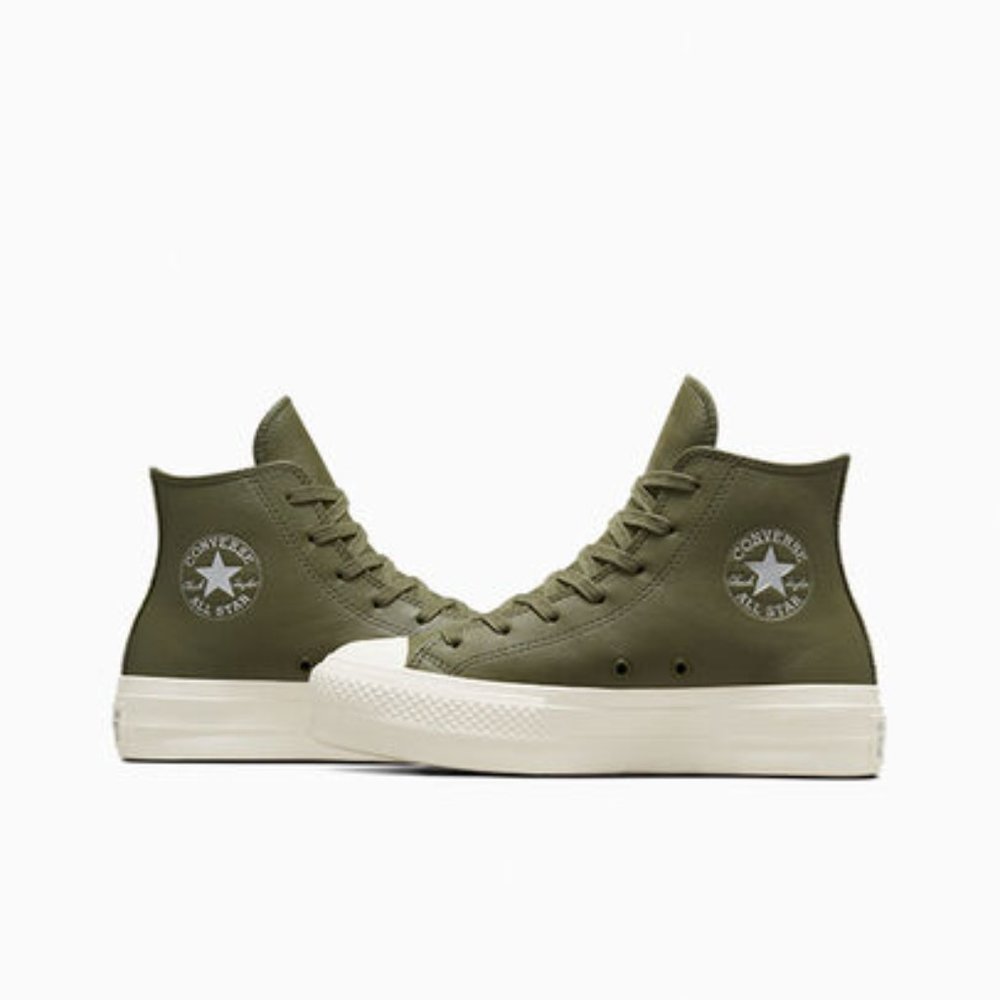 CONVERSE Chuck Taylor All Star Lift Platform Leather in Utility Green/Silver. 8 - Picture 2 of 14
